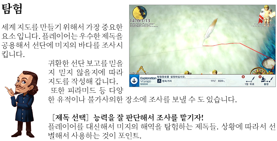 ﷯탐험 세계 지도를 만들기 위해서 가장 중요한 요소 입니다. 플레이어는 우수한 제독을 공용해서 선단에 미지의 바다를 조사시킵니다. ﷯귀환한 선단 보고를 믿을지 믿지 않을지에 따라 지도를 작성해 갑니다. 또한 피라미드 등 다양한 유적이나 불가사의한 장소에 조사를 보낼 수 도 있습니다. ［제독 선택］능력을 잘 판단해서 조사를 맡기자! 플레이어를 대신해서 미지의 해역을 탐험하는 제독들. 상황에 따라서 선별해서 사용하는 것이 포인트.